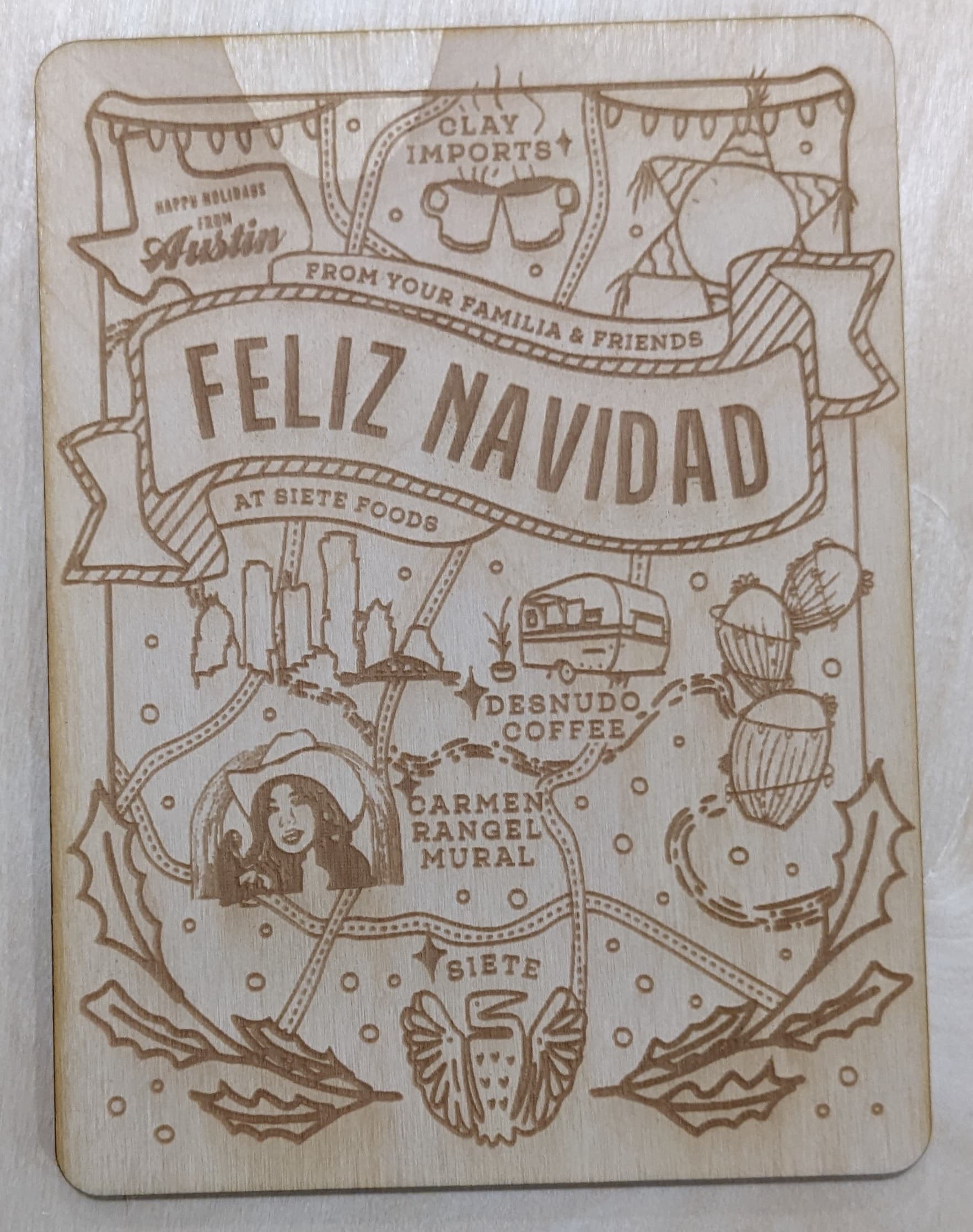 Siete Holiday Cards project - laser-cut plywood card
