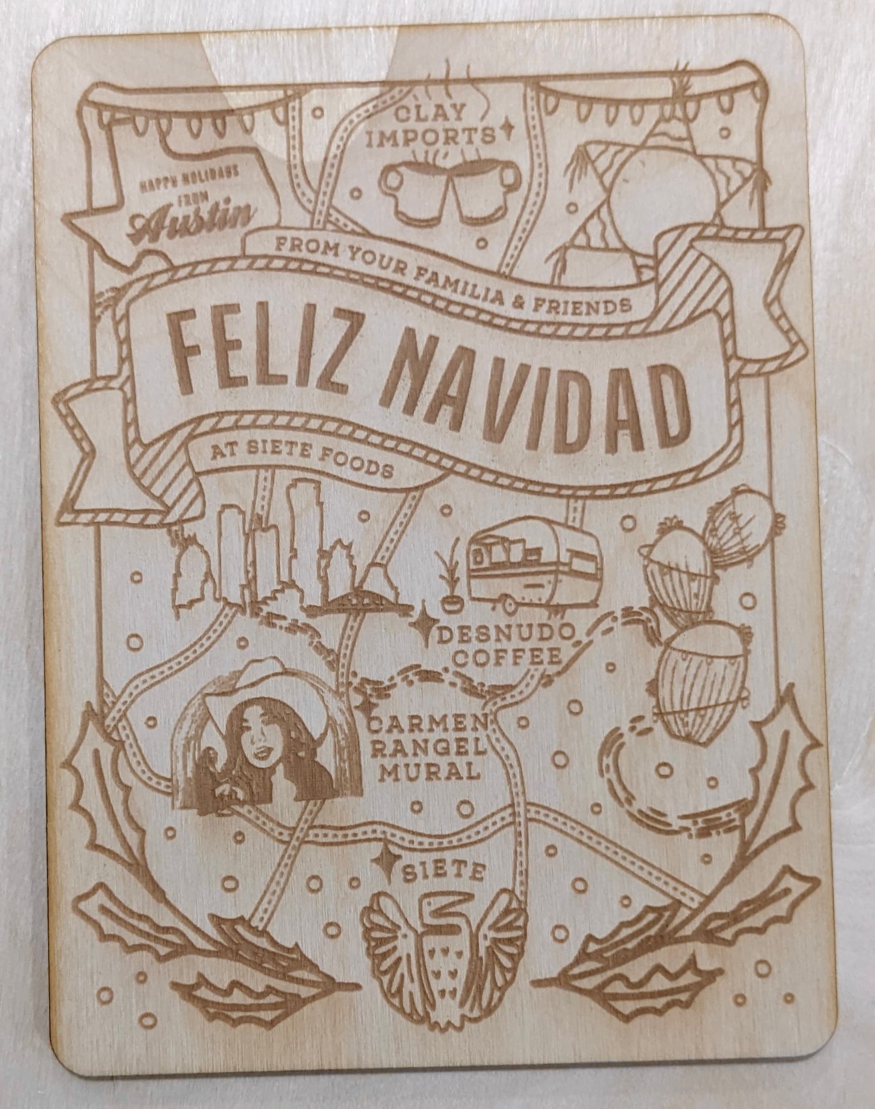 Siete Holiday Cards project - laser-cut plywood card